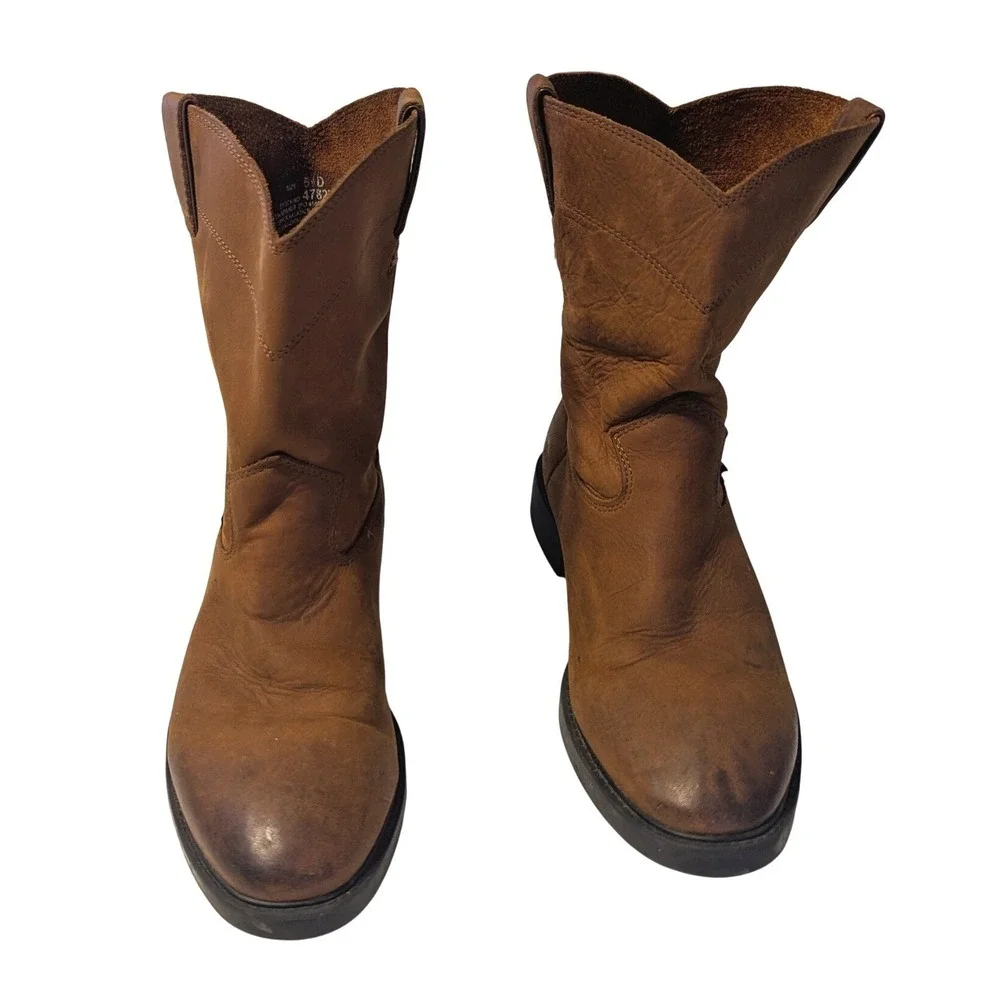 Justin Kids Sz 5.5D Aged Bark Work Boots Brown Leather Roper Cowboy Boots 4782Y